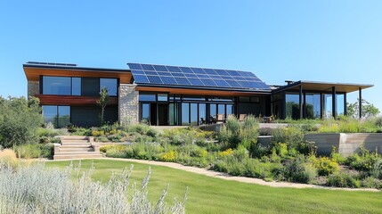 Modern eco-friendly house with solar panels and lush gardens, blending seamlessly with the surrounding landscape under a clear blue sky.