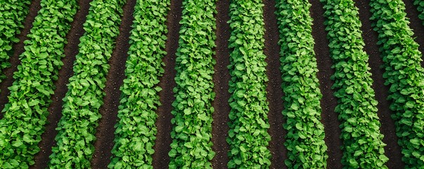 Wall Mural - Vibrant green rows of healthy crop plants in a well-organized agricultural field setting under bright sunshine