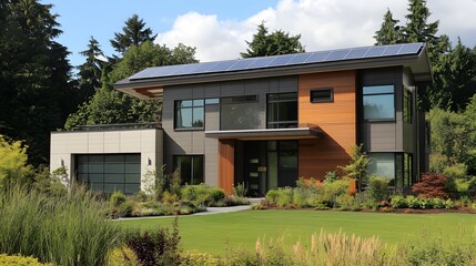 A modern house with solar panels, large windows, and a lush green garden, showcasing contemporary architecture and sustainable features.