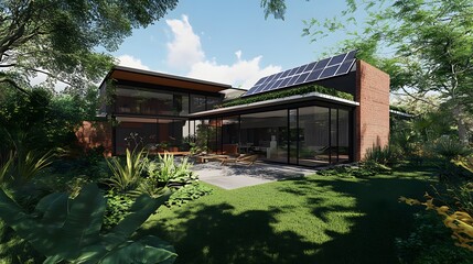 Poster - A modern, eco-friendly house nestled in lush greenery, featuring large windows, a brick facade, and a blend of natural elements around it.