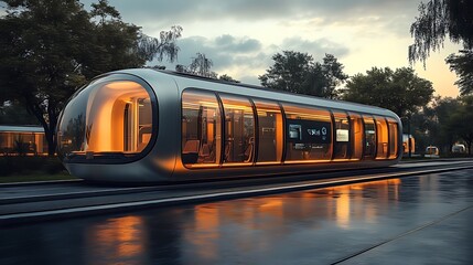 Futuristic train with glowing windows parked on a track in a forest setting.