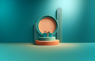 Aufkleber - A teal backdrop with a stylized platform features a blue gift box with an orange bow.