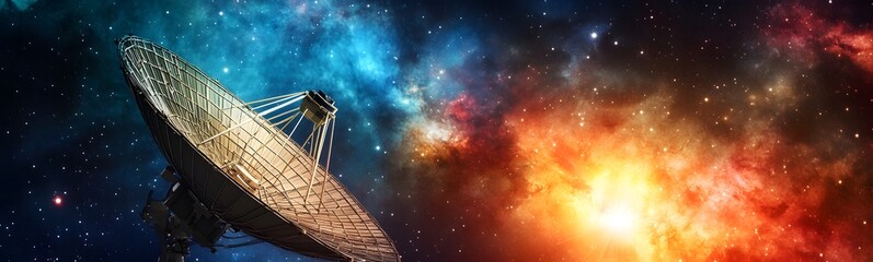 Aufkleber - A vivid depiction of a space observatory against a cosmic backdrop, showcasing a colorful nebula and stars in the vast universe.