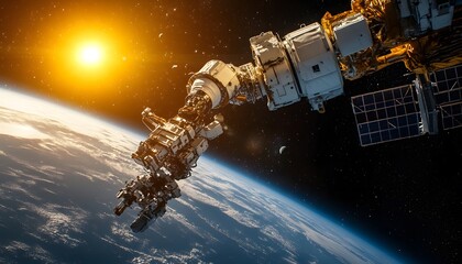 Poster - A breathtaking view of a space station arm extending toward Earth, illuminated by the warm glow of a rising sun against a backdrop of stars.