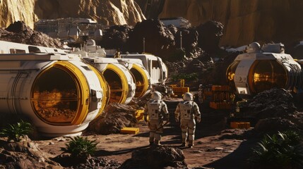 Poster - A collaborative space exploration mission with astronauts constructing habitats on Mars using modular blocks, Blocks arranged for Martian habitat construction, Space colonization style