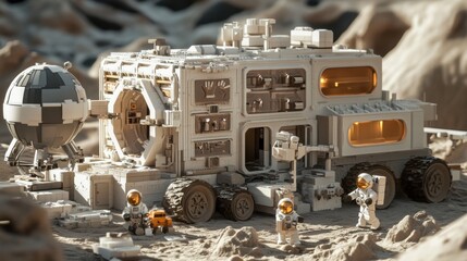 Poster - A collaborative space exploration mission with astronauts constructing habitats on Mars using modular blocks, Blocks arranged for Martian habitat construction, Space colonization style