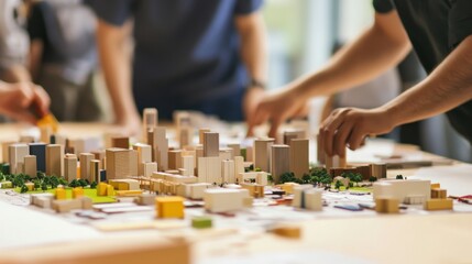 Aufkleber - A collaborative urban planning workshop with architects designing sustainable city models using blocks, Blocks arranged for urban planning simulations, Sustainable city style