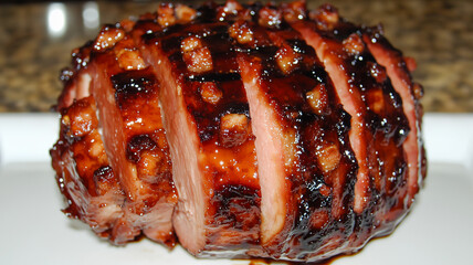 Savory Delight, Brown Sugar Ham with glaze, cut into slices but still in tact, up close, juicy  