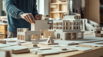 Aufkleber - A collaborative workshop with architects building a scale model using blocks, Blocks arranged in architectural structures, Design studio style