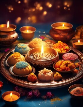 tray of traditional Diwali sweets surrounded glowing candles, representing abundance