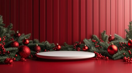 3d render, podium with christmas decoration and red background, green color theme