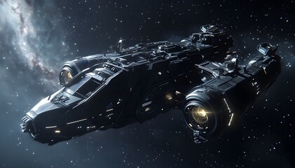 Poster - A futuristic spaceship navigates the vastness of space, illuminated by distant stars, showcasing advanced technology and sleek design.