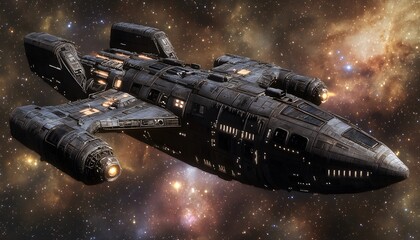 Aufkleber - A futuristic spaceship glides through a vibrant cosmic space, adorned with stars and nebulae, showcasing advanced design and technology.