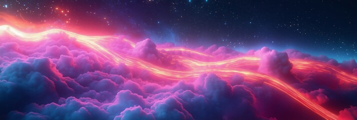 Poster - A dynamic composition of glowing neon lines weaving through clouds