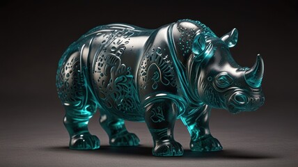 Wall Mural - A teal glass rhinoceros sculpture with an intricate floral pattern.