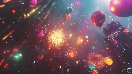 Poster - A vibrant scene of colorful balloons and fireworks against a shimmering background, creating a festive and magical atmosphere.