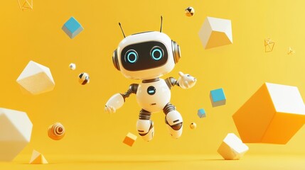 Wall Mural - a playful robot floating among colorful geometric shapes against a bright yellow background.