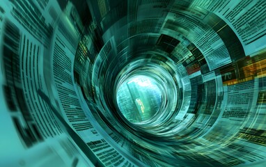 Leinwandbilder - A swirling tunnel of newspaper clippings, creating a dynamic visual of information flow and the digital age.