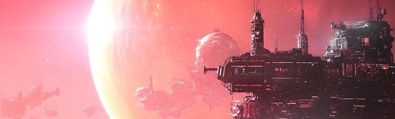 Poster - A vibrant sci-fi landscape featuring a massive planet, distant stars, and a space structure, set against a stunning pink and purple backdrop.