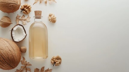 A bottle of liquid surrounded by coconuts and natural elements on a light background.