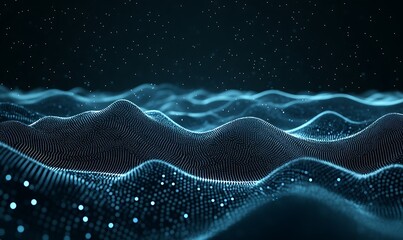 Poster - A digital landscape of blue waves and particles, creating a futuristic and abstract scene reminiscent of data visualization.