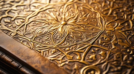 A close-up of a leather book cover featuring a detailed gold-embossed design, with intricate patterns raised from the surface, creating a tactile, luxurious finish.