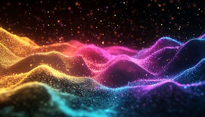 Poster - A vibrant, colorful wave of sparkling particles creates a mesmerizing digital landscape, blending shades of pink, orange, and blue in a dynamic visual display.