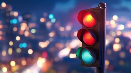 Poster - Urban Traffic Lights at Night with Blurred City Background