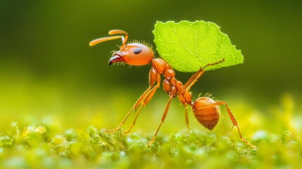 Poster - Ant Carrying Leaf on Green Background