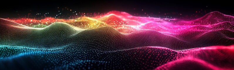 Poster - A vibrant, abstract landscape of colorful waves and lights, creating a dynamic visual experience with shimmering particles against a dark backdrop.