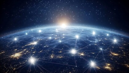 Aufkleber - A stunning view of Earth from space, illuminated by stars and networked lights, showcasing the beauty and vastness of the universe.