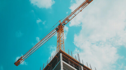 Construction crane towering over a building site under a clear blue sky in the afternoon