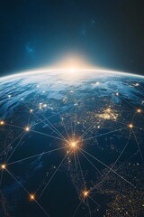 Aufkleber - A stunning view of Earth from space, showcasing a glowing sunrise over city lights connected by intricate network lines.