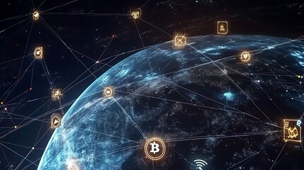 Poster - A digital illustration showing a network of cryptocurrencies around a globe, highlighting the global reach and interconnectedness of blockchain technology.