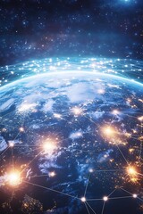 Poster - A vibrant digital representation of Earth, showcasing interconnected networks and glowing lights, illustrating the concept of a connected global community.