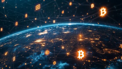 Poster - A digital representation of Earth surrounded by glowing cryptocurrency symbols, highlighting the global reach of blockchain technology.
