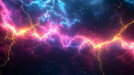 Wall Mural - Abstract cosmic background with bright yellow and pink lightning streaks on a dark blue background.