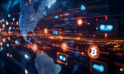 Poster - A digital representation of global connectivity and cryptocurrency, showcasing the flow of information and blockchain technology across the world.