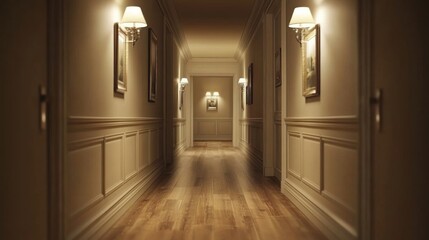 Fototapete - Serene Dimly Lit Hotel Corridor in Elegant Style