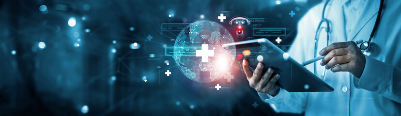 Fototapete - Healthcare and medical chatbot, Ai technology, Machine learning, doctor use AI chatbot on medical network and Data exchange, Health care and artificial intelligence technology. Innovative new era