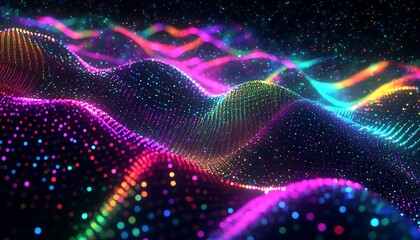 Poster - A vibrant, abstract visualization of colorful waves and particles, evoking a sense of rhythm and digital movement against a dark background.