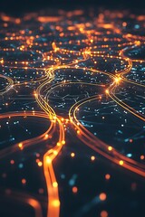 Leinwandbilder - A vibrant, illuminated network of pathways and connections, resembling a digital city or data map, showcasing bright lights against a dark background.