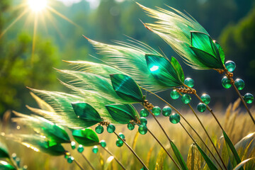 Wall Mural - Freshly awakened emerald blades sway gently in whispering breeze, illuminated by warm sunlight. This serene scene captures beauty of natures vibrant colors and delicate movements