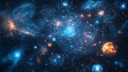 Wall Mural - Abstract galaxy with glowing planets, stars, and constellations with a blue and orange color scheme.