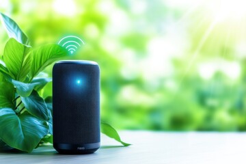 Modern wireless speaker surrounded by green foliage, showcasing technology blended with nature, ideal for lifestyle and home decor.