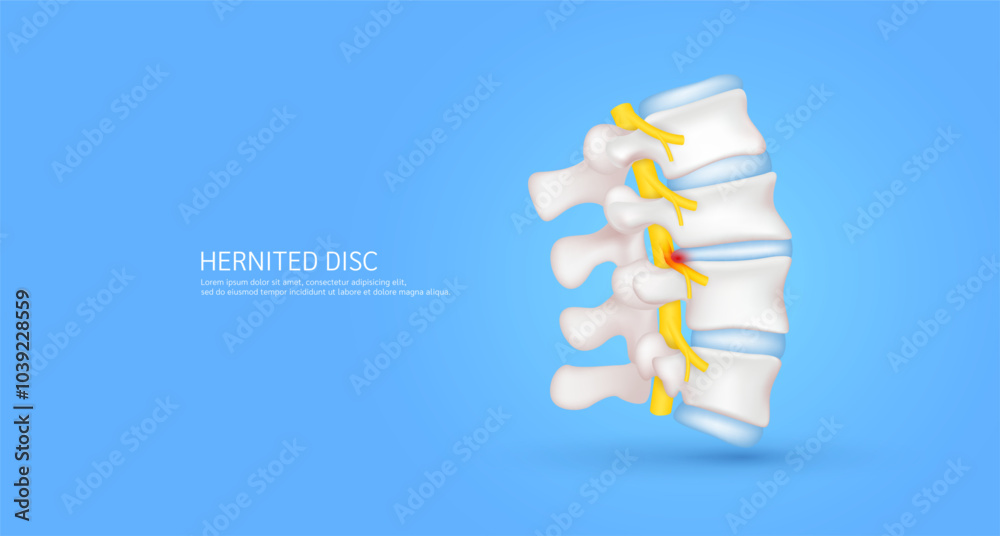 Herniated disc that make back and neck pain. Spinal nerve cord yellow ...
