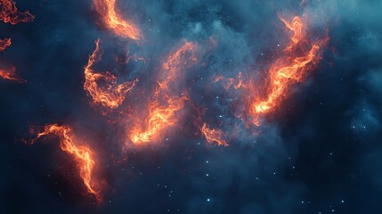 Wall Mural - Abstract fiery orange and red shapes float in a blue galaxy with white stars.