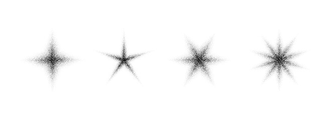 Poster - Stippled grain star set. Black noise texture asterisk collection. Halftone glitter sparkles, sparks, twinkles pack for design template, poster, banner, brochure, leaflet. Grey dotted flares. Vector