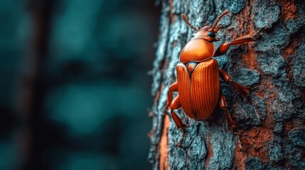 Poster - Vibrant Beetle Crawling on Tree Bark