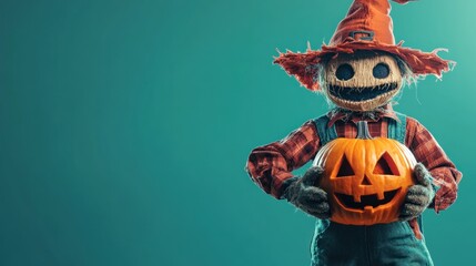 A scarecrow holds a carved pumpkin, embodying Halloween spirit and festive decoration.